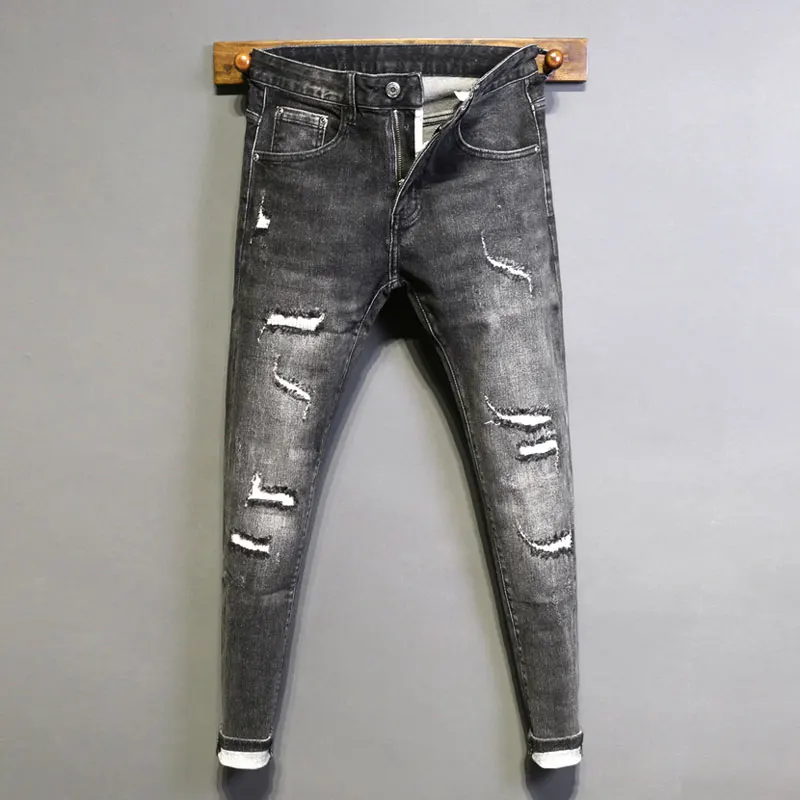 Retro Stretch Skinny Fit Jeans for Men Black Gray Vintage Ripped Denim Pencil Pants with Designer Patch