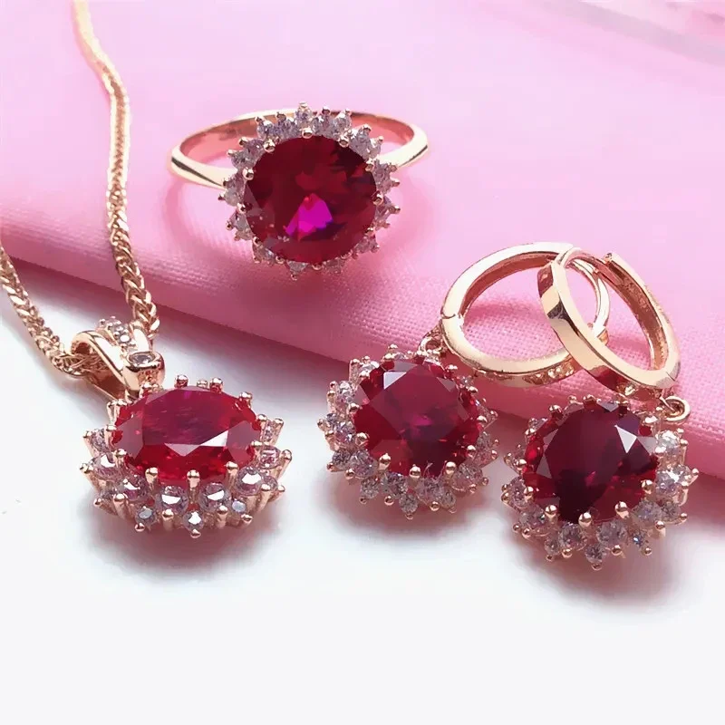 Ruby Flower Jewelry Sets Plated 14K Rose Gold Luxury Crystal Wedding Dinner Gift Ring Necklace Earrings for Women