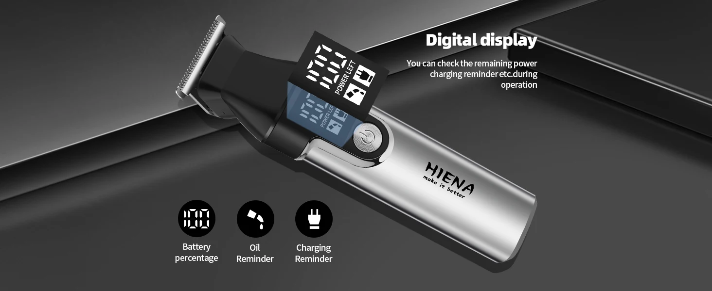 HIENA Professional Multifunctional Hair Clipper Set, R-Type Adjustable Blade, Cordless Barber Clippers with LED Display, Ear and Nose Hair Trimmer, 6 Guide Combs, Rechargeable Electric Grooming Kit for Men, USB Charging, Haircut Clippers