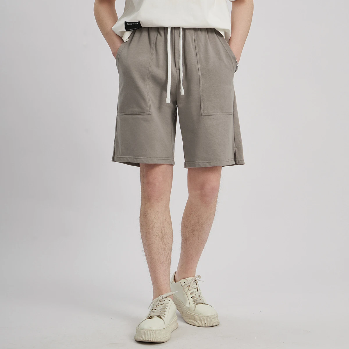 

368 Cotton Blended Basic Cargo Shorts Men's Summer Fashion Japan Style Elastic Waist Solid Color Simple Casual Half Length Pants