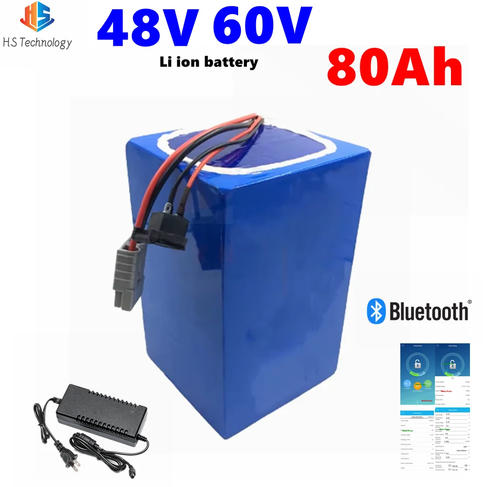 Li ion 48V 80AH 60V Lithium Battery BMS 13S 16S for 5000W 8000W Scooter Bike Tricycle Go Cart Motor With Charger