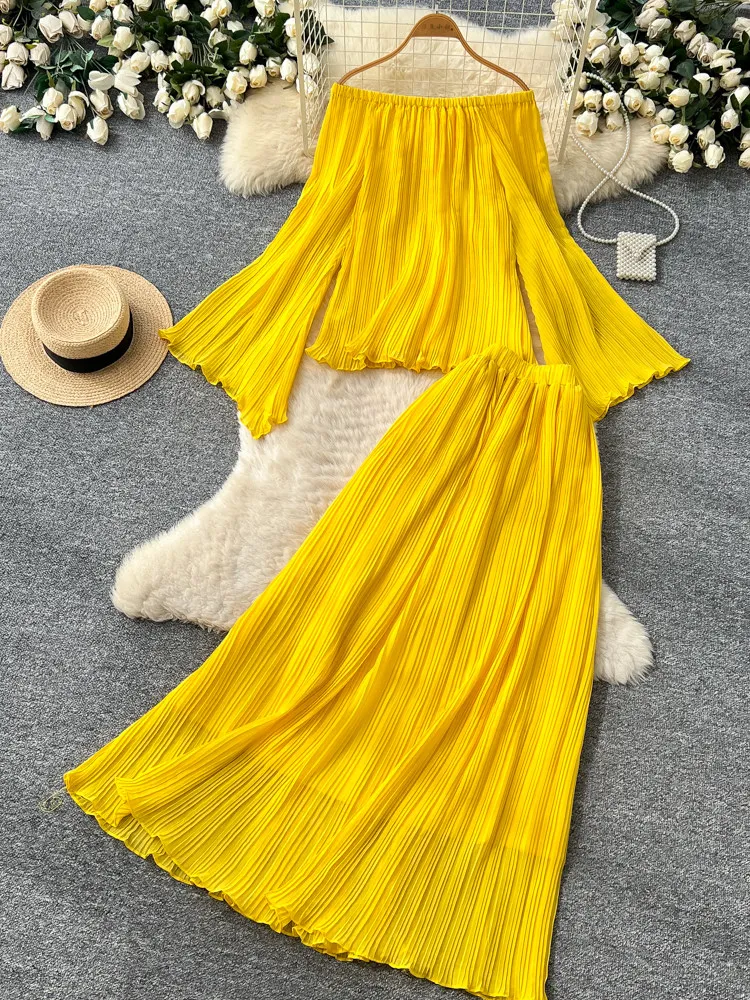 

Summer Yellow One-Shoulder Long Sleeve Top Plus Floor Length Half Skirt Set Women Off-the-shoulder Top + Ruched Skirt Lady Set