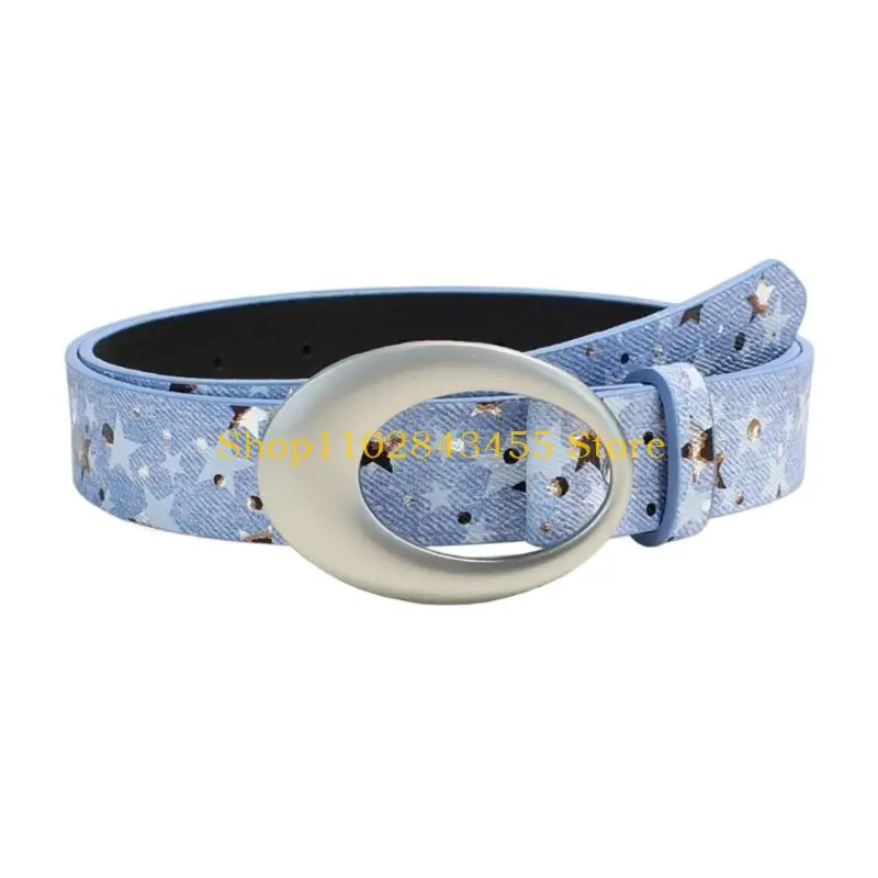 49MC Star Printed Waist Belt Adjustable Pin Buckles Waist Strap for Casual Outfit