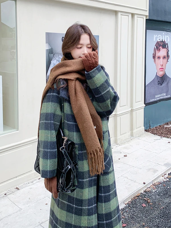 เสื้อโค้ทขนสัตว์ลายสก็อตสำหรับผู้หญิง ความยาวปานกลาง ผ้าขนสัตว์สองด้าน สำหรับฤดูใบไม้ร่วงและฤดูหนาว สไตล์เกาหลี รุ่นใหม่ เหมาะสำหรับใส่ไปทำงาน