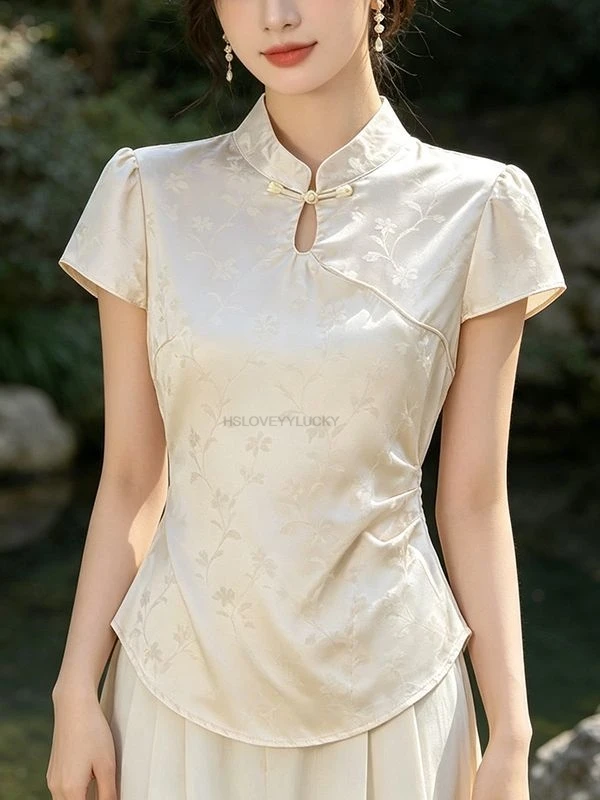 Chinese Style Stand Collar Jacquard Satin Shirt Modified Short Sleeve Frog Button Blouse Elegant National Style Top Women