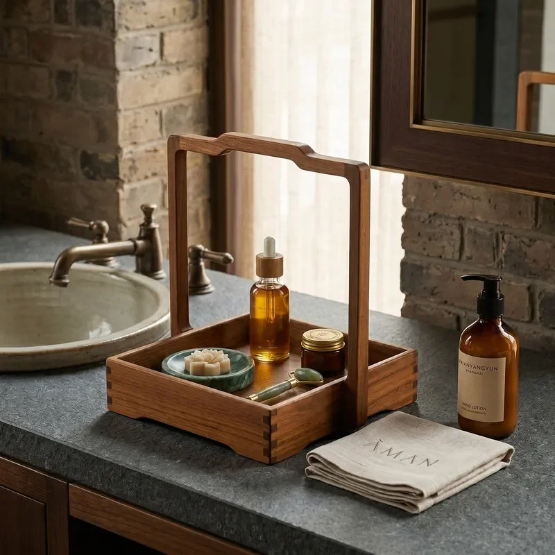 North American Black Walnut Wooden Tea Set Storage Box Creative Portable Basket for Fruit Snacks Food Container Home Decor