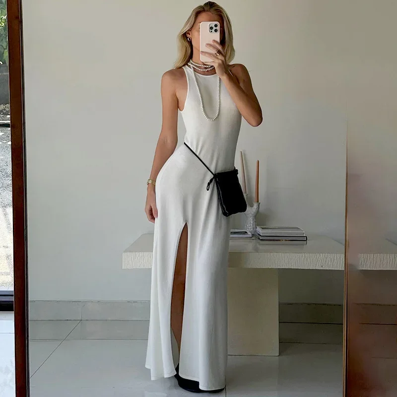 InsLucky Summer Fashion Casual Women Dress Solid O Neck Sleeveless Slim High Waist Slit Long Dress Office Lady Elegant Clothing