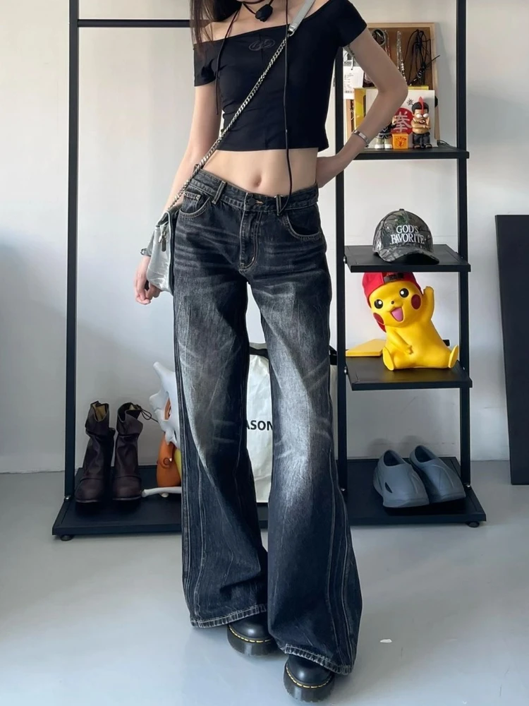 QWEEK Women Y2K Baggy Vintage Jeans Black Streetwear Wide Leg Pants Harajuku Distressed Washed Looes Denim Trousers Hip Hop