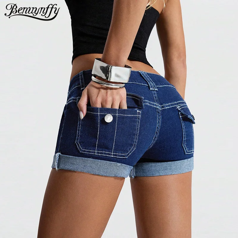 

Benuynffy Retro Low-rise Rolled Hem Denim Shorts Casual Pocket Women's Summer Hot Pants Streetwear Sexy Elastic Super Shorts