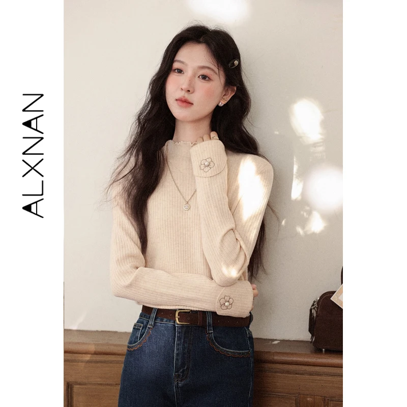 

ALXNAN Women's Sweater Oatmeal Turtleneck Embroidered Flower Pearl Cuffs Knit Pullover Fall Winter Warm Ladies Jumpers L59017