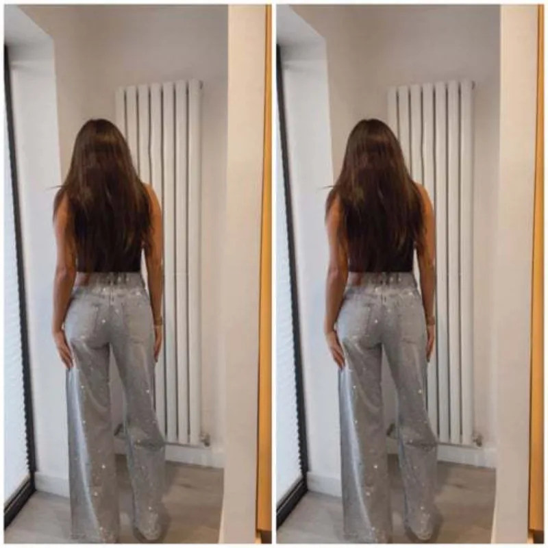 Japanese and Korean Casual Women's High Waisted Washed Denim Jeans, Loose and Slimming, Versatile and Rhinestone Hot Stamping - Image 3