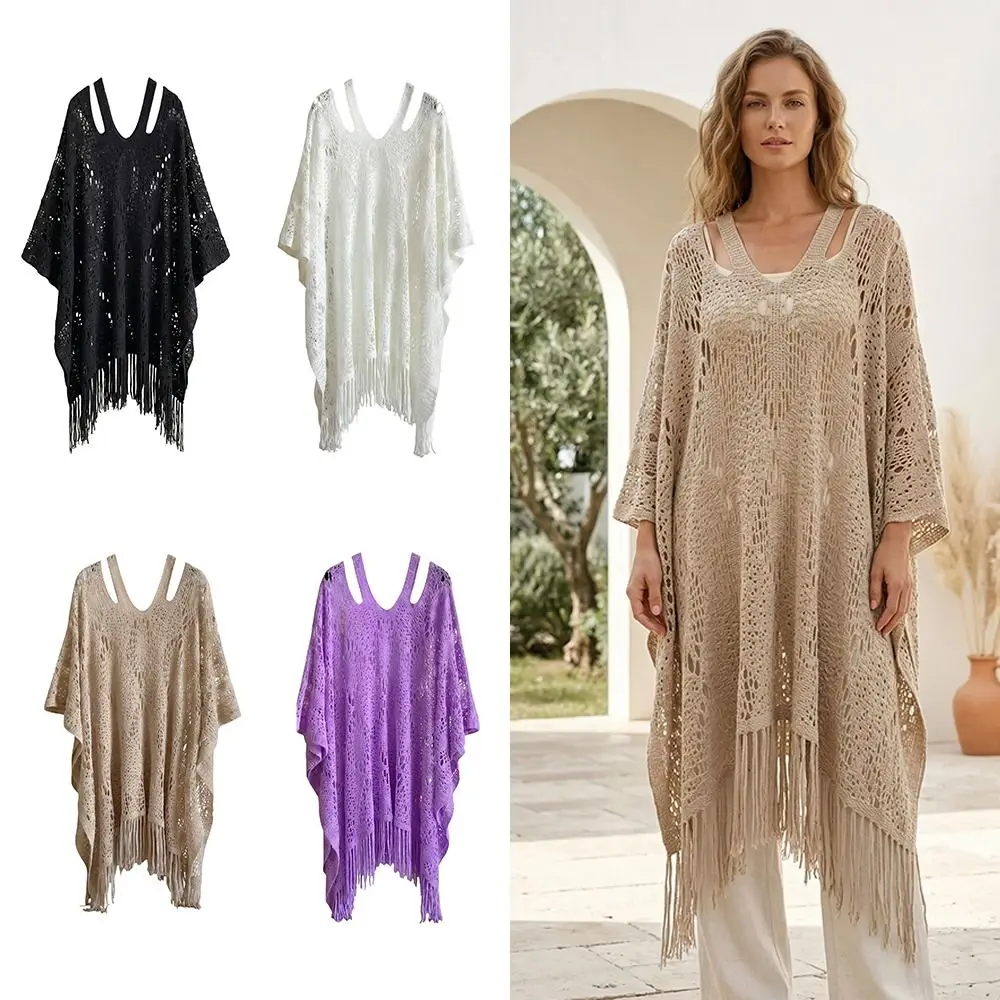 

Простая пляжная накидка-шаль в богемном стиле с защитой от солнца, с кисточками, вязаная ажурная кофта больших размеров, свободный крой, крючком, для женщин