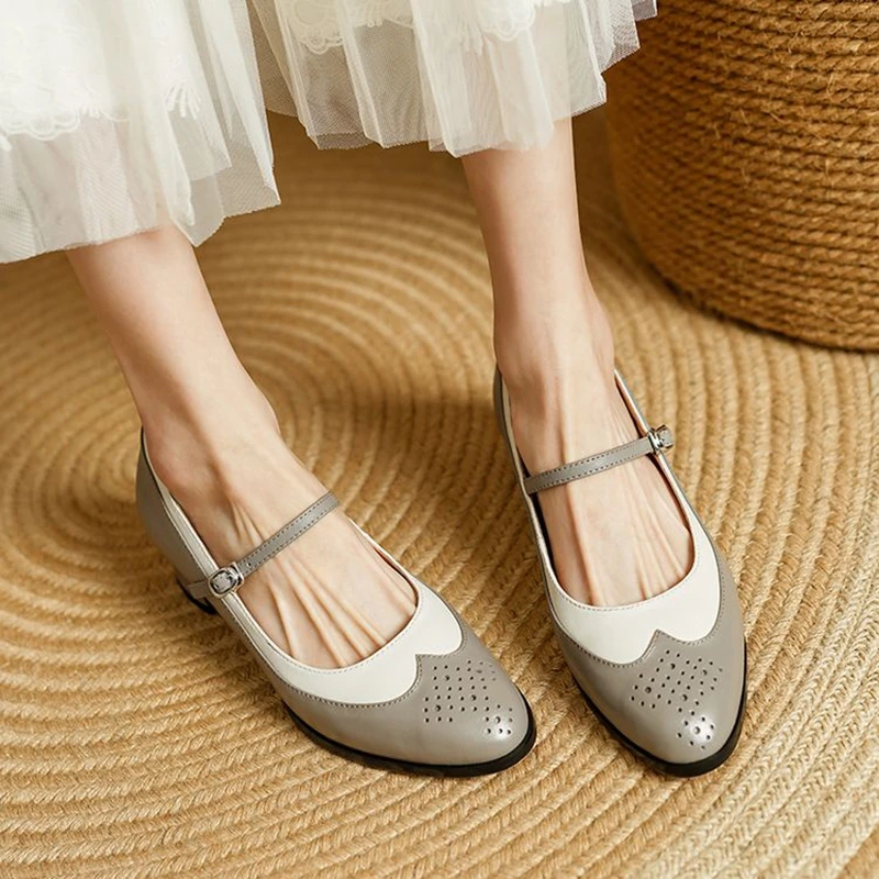 

NEW Spring/Autumn Women Pumps Round Toe Chunky Heel Shoes Genuine Leather Shoes for Women Mixed Colors Buckle Strap Mary Janes