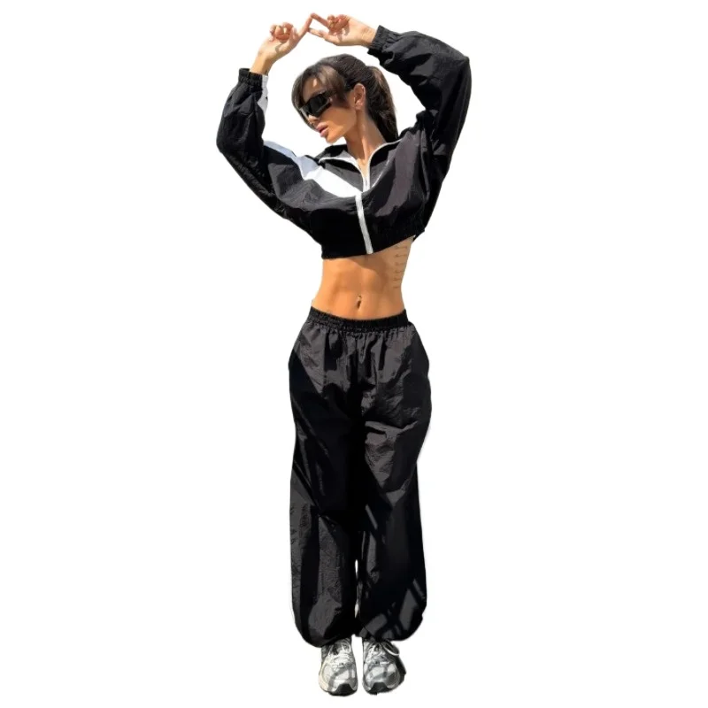 Women's Cross-border Europe and America Long Sleeve Color-blocking Sport Cardigan and Pants Set Street Style Set Fashion Leisure