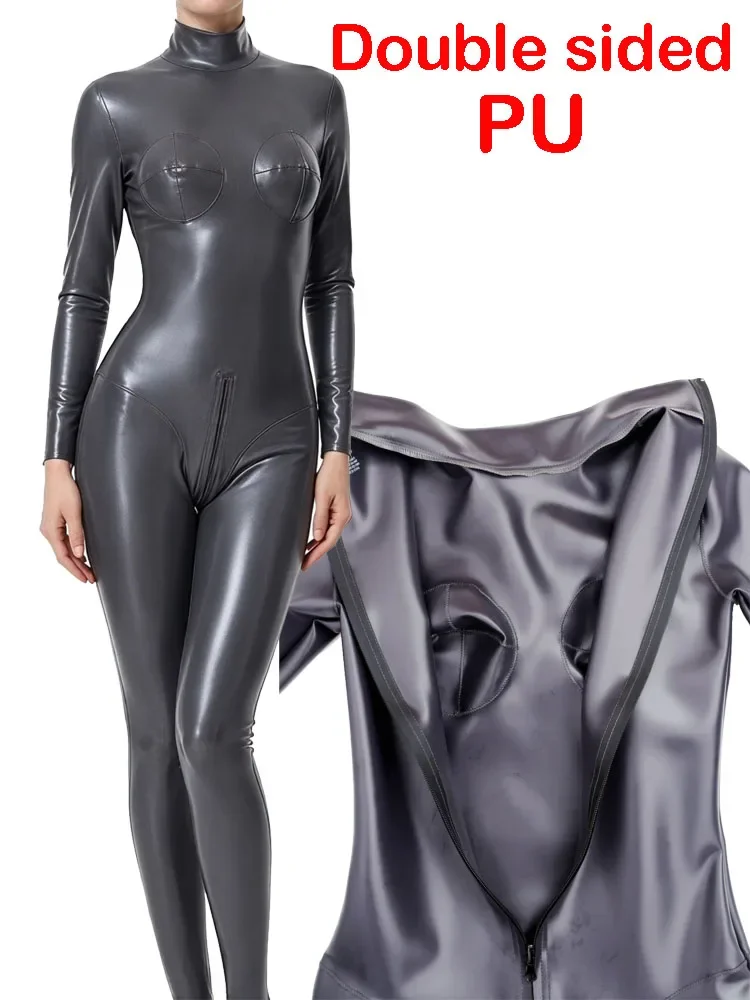 Cosplay Women Waterproof Double Sided Bodysuit PU Leather Catsuit Zipper Crotch Elastic Tights Maid Leotard Leggings Jumpsuit