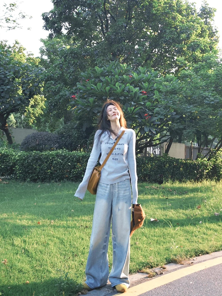 Luz azul americano retro buraco denim calças femininas verão novo design solto em linha reta perna larga jeans