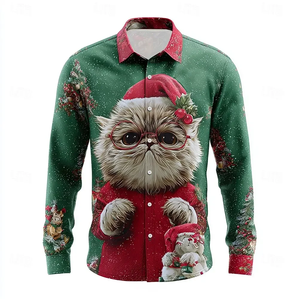 New Christmas Theme Men's Snowflake Christmas Animal Cute Pet Print Shirt Button Shirt Casual Long-sleeved Shirt Street Shirt
