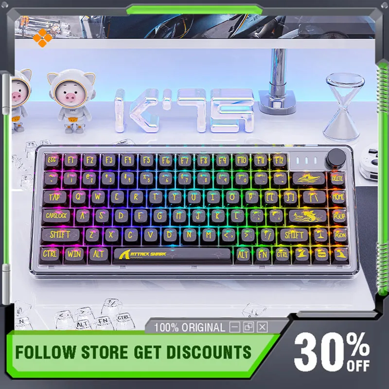 

Прозрачная проводная механическая клавиатура Attack Shark K75, RGB с возможностью горячей замены, индивидуальная клавиатура для киберспорта, аксессуары для ПК, ноутбуков