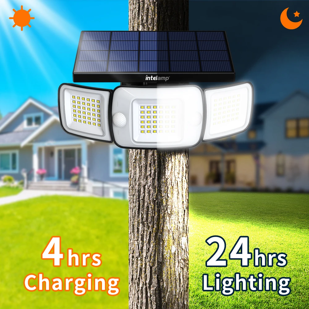 intelamp 6000mAh Solar Security Light Outdoor With Large Solar Panel 3 Adjustable Heads Two Sensors For Wall Garden Garage Fence