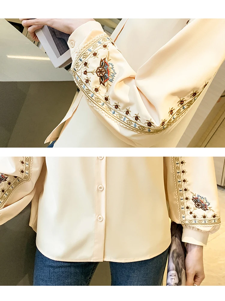 Embroidered Women Shirt High Quality Female Elegant Blouses Ladies Work Wear Shirts White Beige Floral Clothings Chiffon Tops