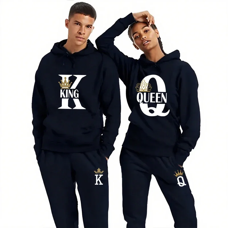 King Queen Print Herren- und Damen-Trainingsanzug, Lässiger Kapuzenpullover-Anzug, Outdoor-Sportbekleidung, Jogging-Outfit, Herbst-Winter 2-teiliges Set