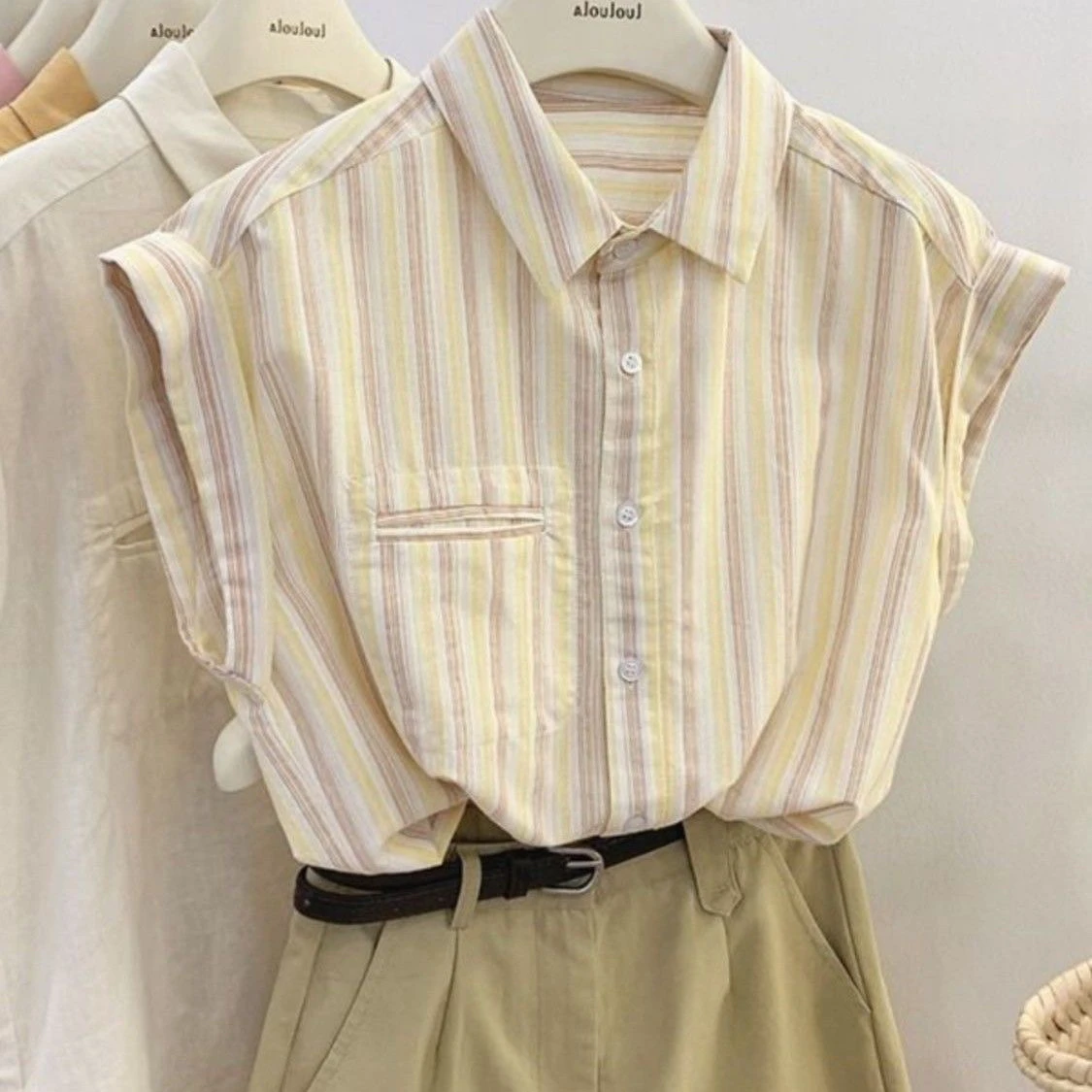 

Loose Cotton Linen Stripe irt Women's Svel Turn-down Collar Summer Korean Sle Wide-ranging Top Outlet Big Brand