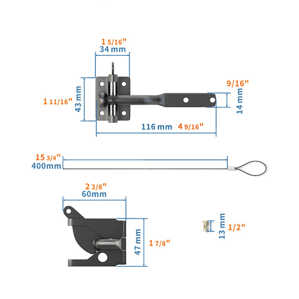 Adjustable Cable Pull Latch with Gravity Self Locking Feature for Outdoor Wooden and Metal Used in Residential Yard Fences