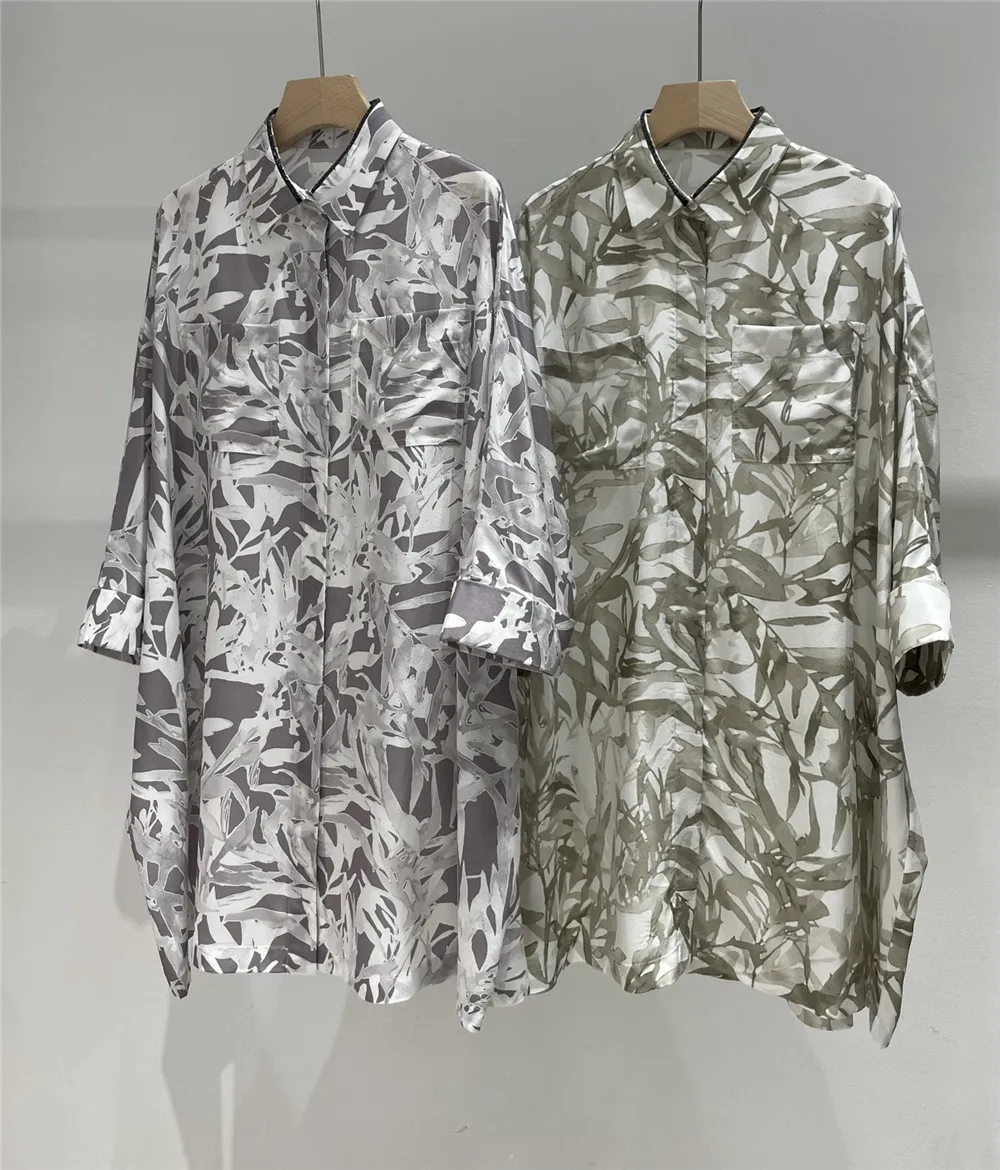 

High Quality Woman Mid-length Dress Silk Printed Turn-down Collar Shirt Dresses Beading Loose Straight Skirt 2025 Spring Summer