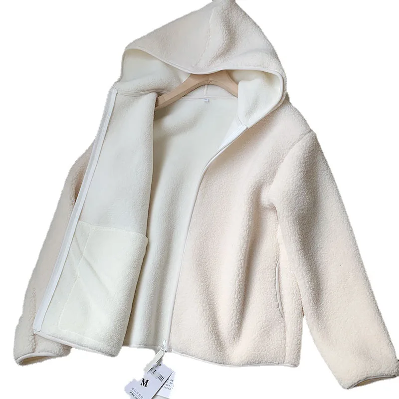 Imitation Lamb Wool Hoodie Coat Women Warm Polar Fleece Thicken Hooded Short Outerwear New Autumn Winter Loose Cardigan Top