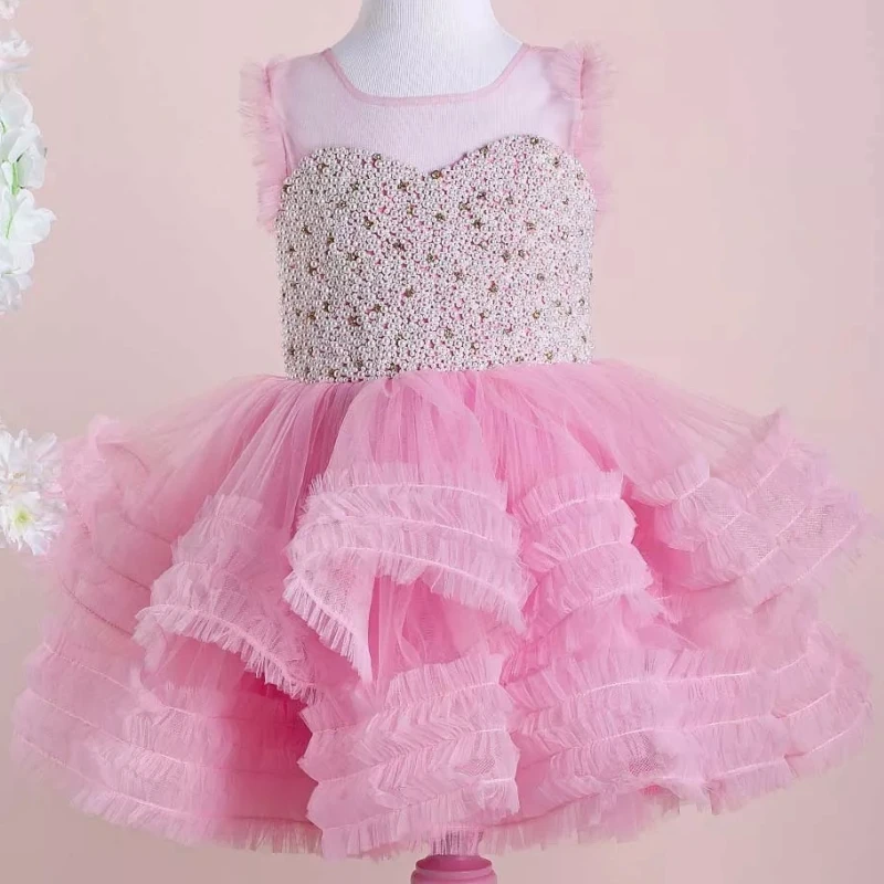 

Flower Girl Dresses Pink Tulle Tiered Pearls With Bow Sleeveless For Wedding Birthday Party Banquet Princess Gowns