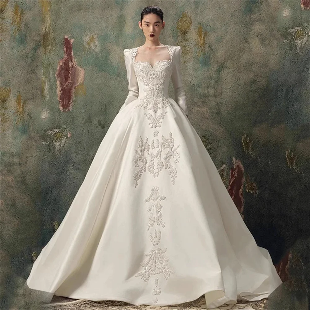 

Свадебное платье А-силуэта с квадратным вырезом 2026: Роскошное кружевное платье с аппликациями, элегантное свадебное платье без рукавов для невесты