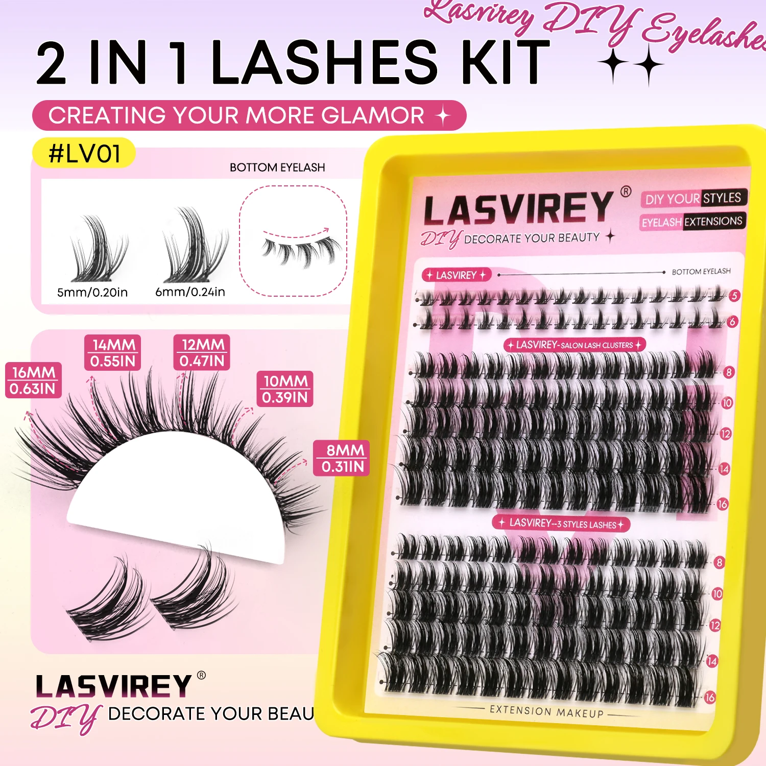 Lasvirey Lash Clusters Kit Natuurlijke Wimpers Extension Set Gemengde Manga Wimpers Met Onderwimpers Clear Stem DIY Individuele Wimper
