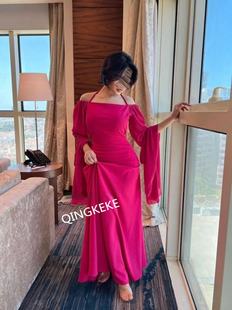 Long Evening Dresses Wome A-line Chiffon Full SleeveWedding Party Dress  2024 Off Shoulder Cocktail Formal Gown  فساتين الحفلات