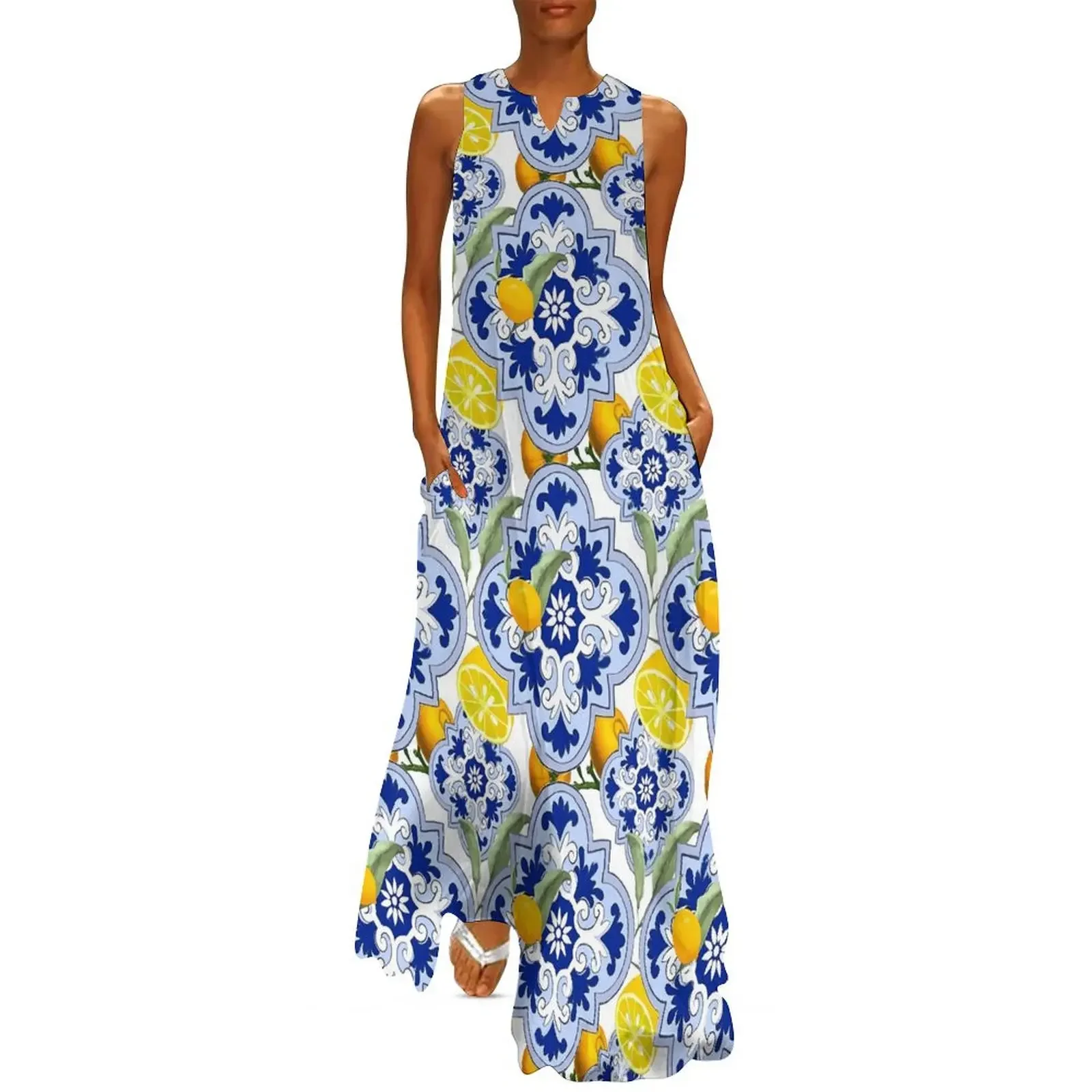 Vintage Blue Flower Dress Lemon Fruit Print Women Maxi Dress Sleeveless Sexy Sleeveless Bohemia Long Dress Streetwear Vestidos