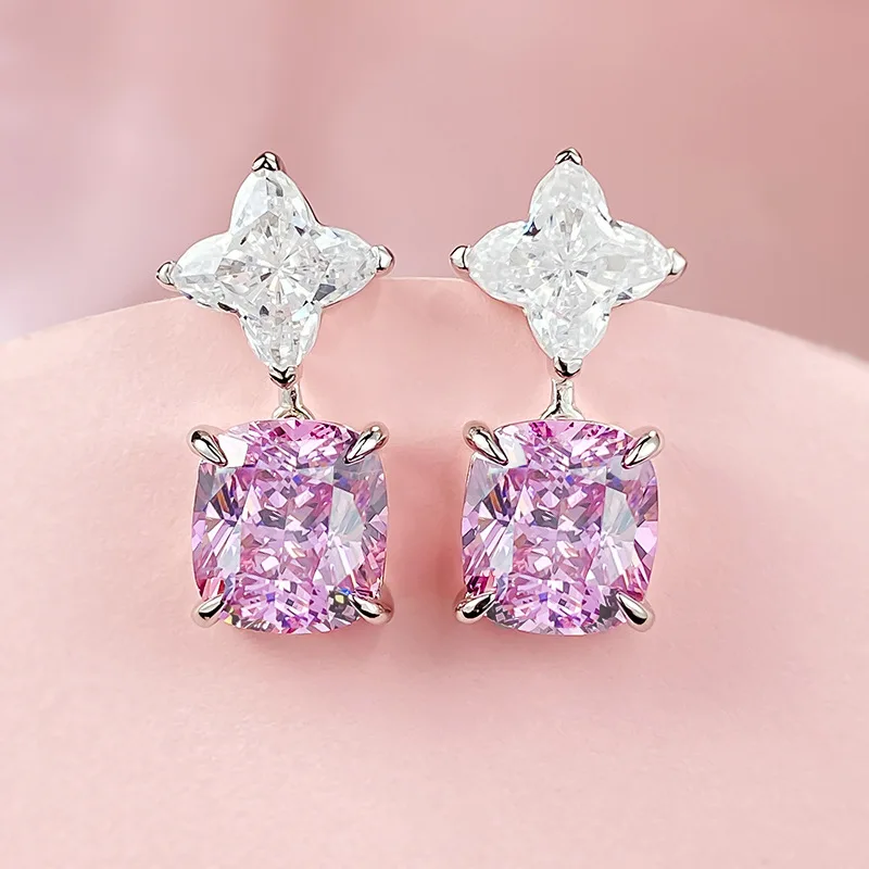 

Wholesale of S925 Silver High Carbon Diamond Powder Diamond 10 * 11 Fat Square Inlaid Powder Diamond Earrings with Temperament S