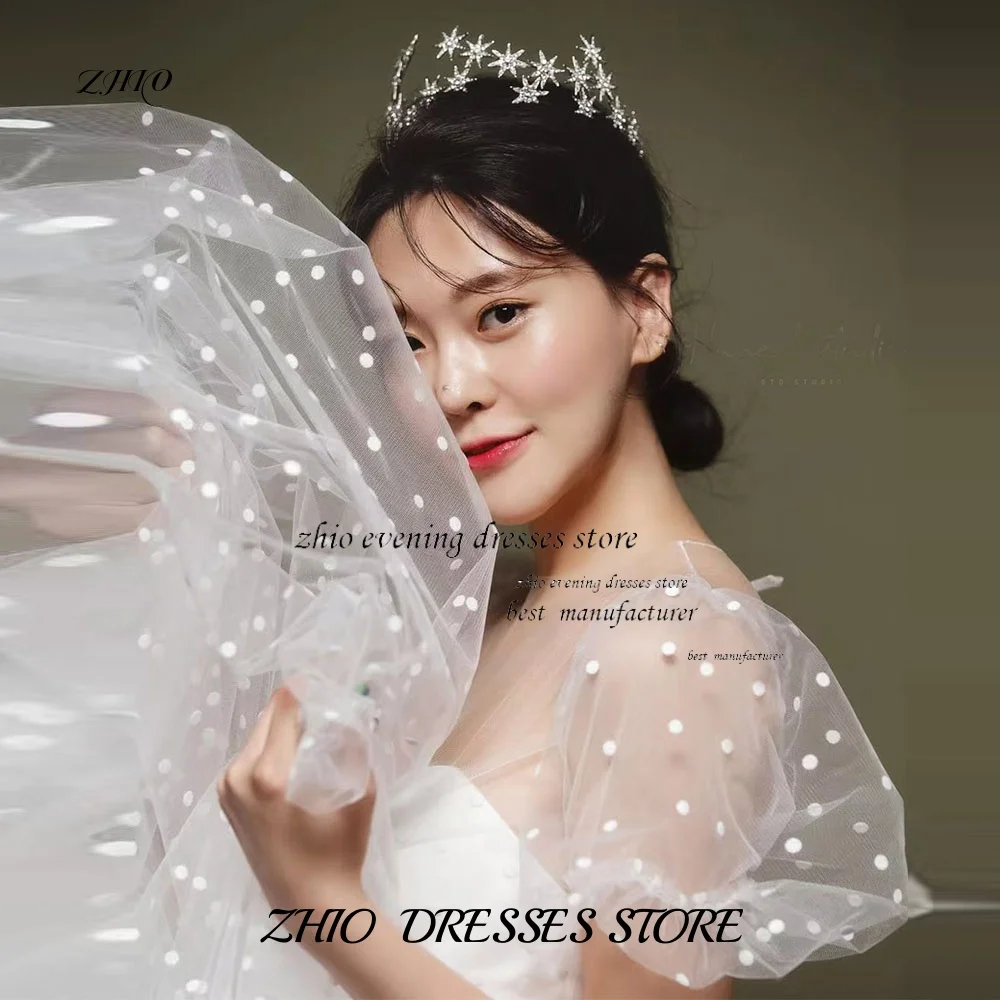 ZHIO Weißes koreanisches Hochzeitskleid in A-Linie aus Tüll mit Herzausschnitt, kurzen Blasenärmeln, individuelle Rückseite, bodenlang, Hochzeitsschießen