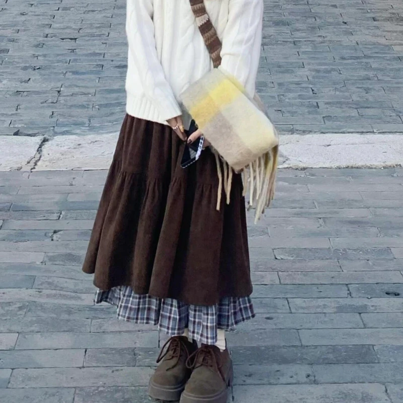 Womens Double Layer Spliced Midi Skirt Autumn Winter Corduroy Plaid Patchwork Vintage Cake A Line Umbrella Skirt