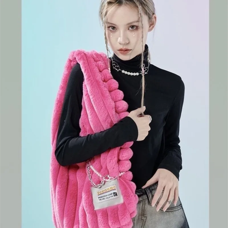 JIAERDI Pink Large Capacity Shoulder Bags Women Retro Harajuku Aesthetic Plush Y2k Handbags Ladies Vintage Soft Underarm Bag New