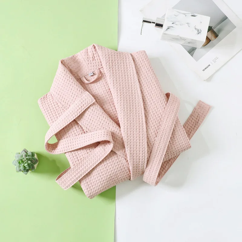Solid Color Cotton Spring and Autumn Waffle Couples Mid-long Yukata Bathrobe Homestay Hotel Couple Soft Bathrobes