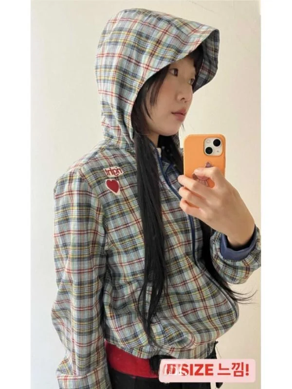 SEI Street Retro Heart Patchwork Color Blo Casual Hooded Zipper Jaet Loose Fit Commute Sle Long Sve Plaid Pattern