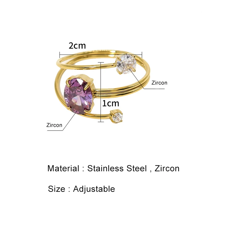 Elegant Jewelry 18K Gold Plated Stainless Steel Adjustable Stack Designed Cubic Zirconia Amethyst Purple Ring for Women