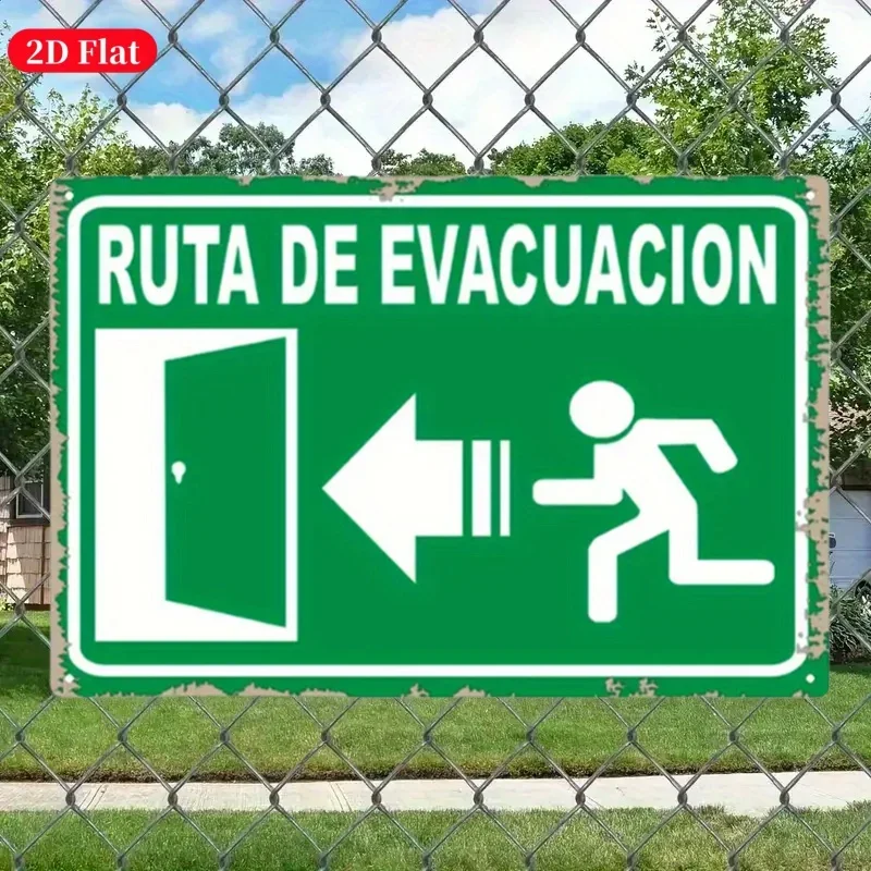 （2D Tin painting）Vintage Metal Emergency Exit Sign 20x30 cm, Spanish English Bilingual Evacuation Sign with Arrow, Wall-Mount