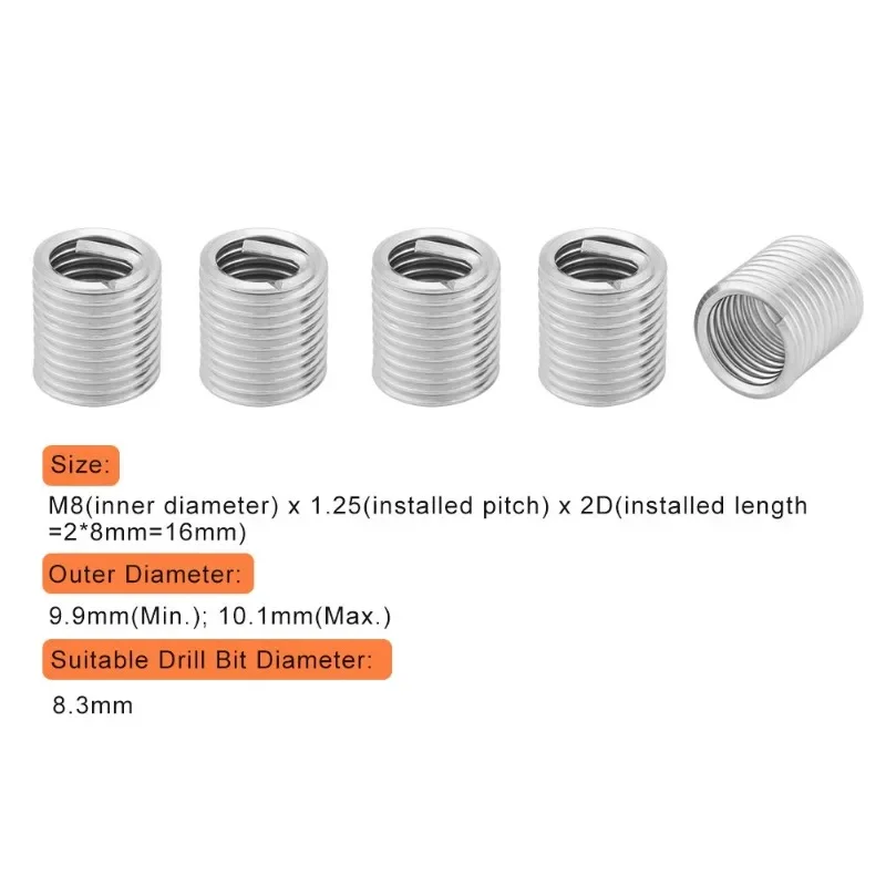 100pcs Stainless Steel SS304 Coiled Wire Helical Screw Threaded Inserts M8 x 1.25 x 2D Length for Helical Repair