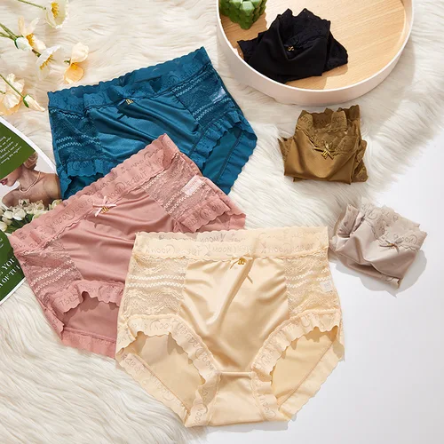 1 Uds. Bragas sin costuras para mujer, ropa interior Sexy de encaje con flores, ropa interior hueca de cintura alta de talla grande 3XL, bragas transpirables de seda sólida para mujer