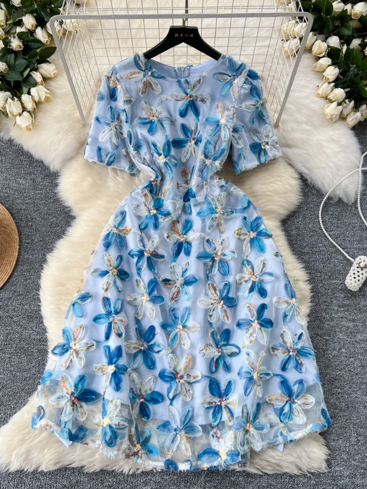 

Ele ort Sve A-Line Dr Women's Heavy Embelliment Bright Sequin 3D Flower Slimming High Waist Korean Sle Dr