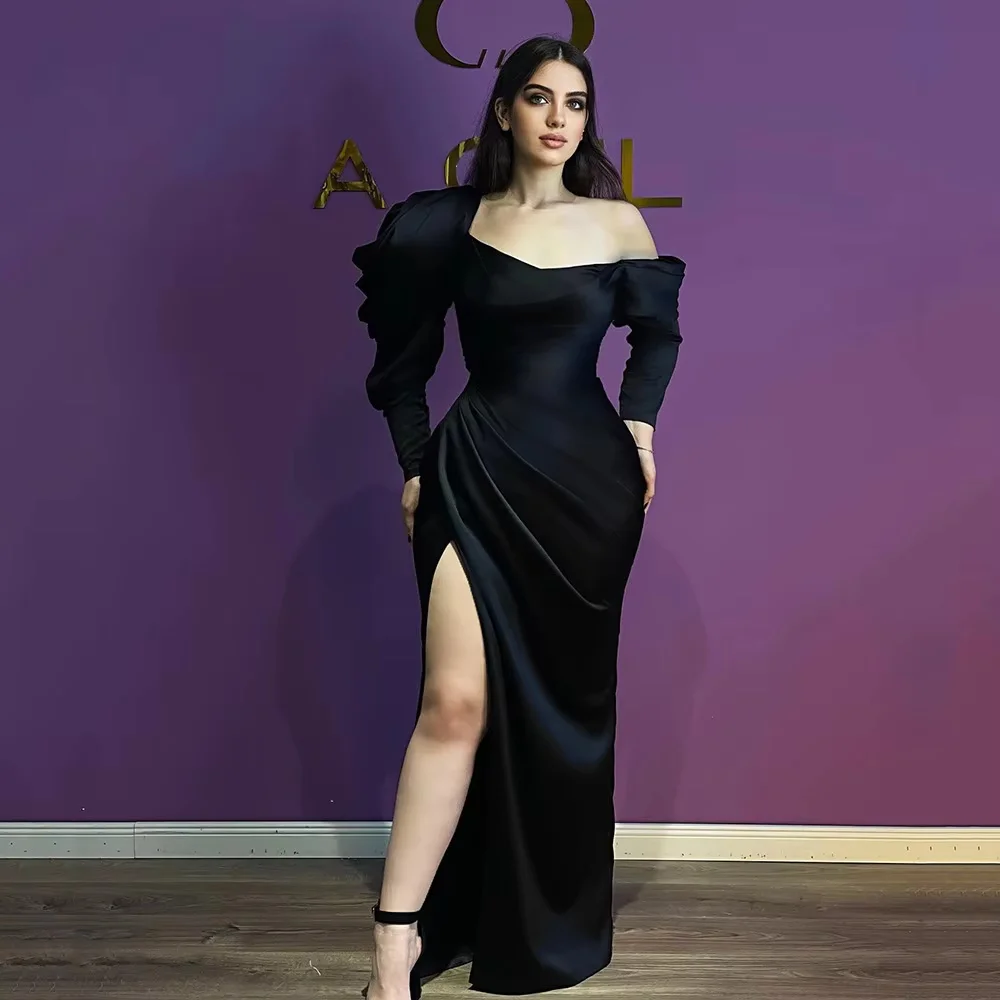 

Customized Black Mermaid Prom Dresses with Sleeves Floor Length Satin Formal Evening Gown Side Slit Wedding Party Dress