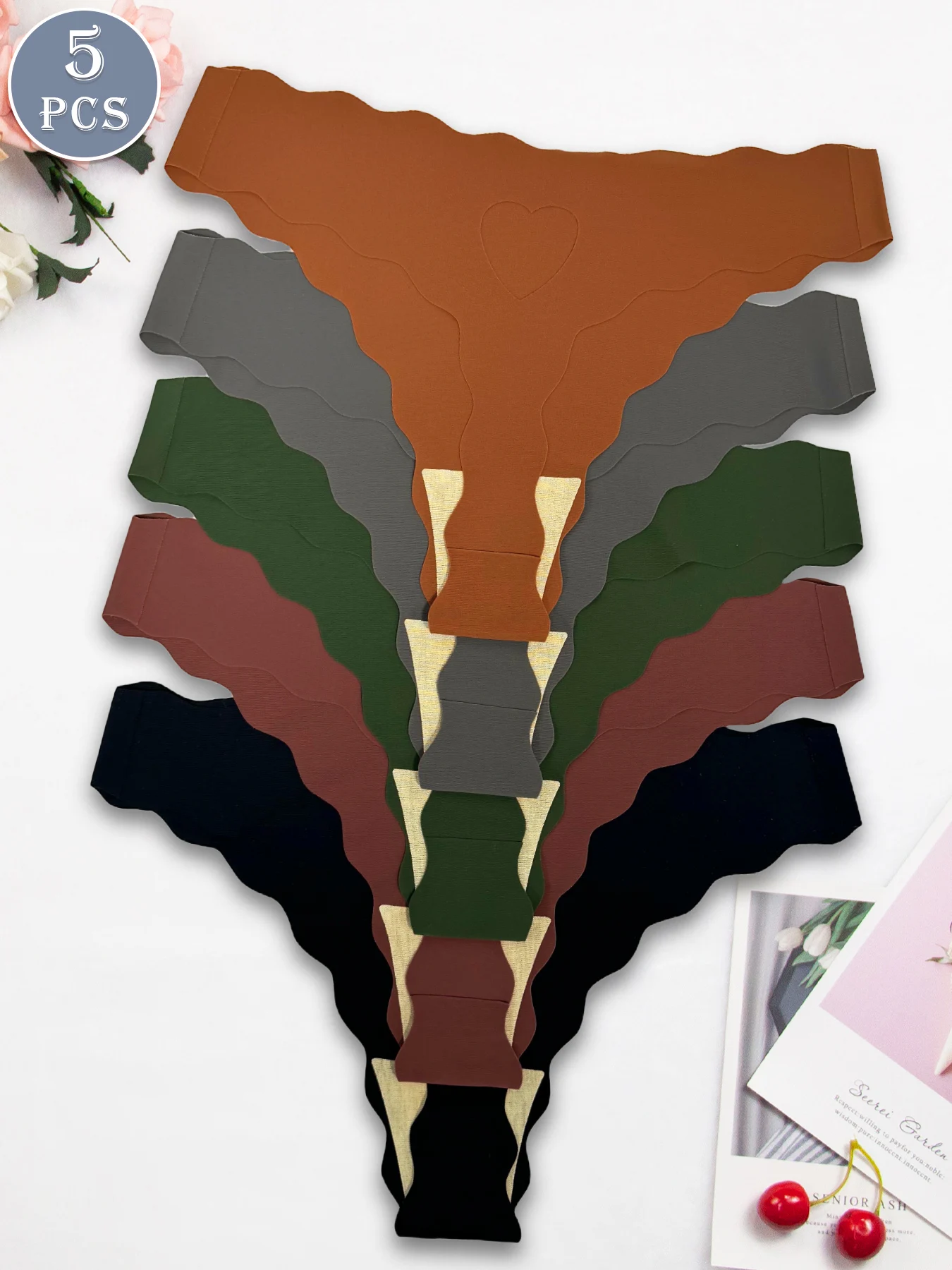 5 Pack Women's Seamless Thong, Earth Tone Solid Color Scalloped Edge No Show Comfort Underwear