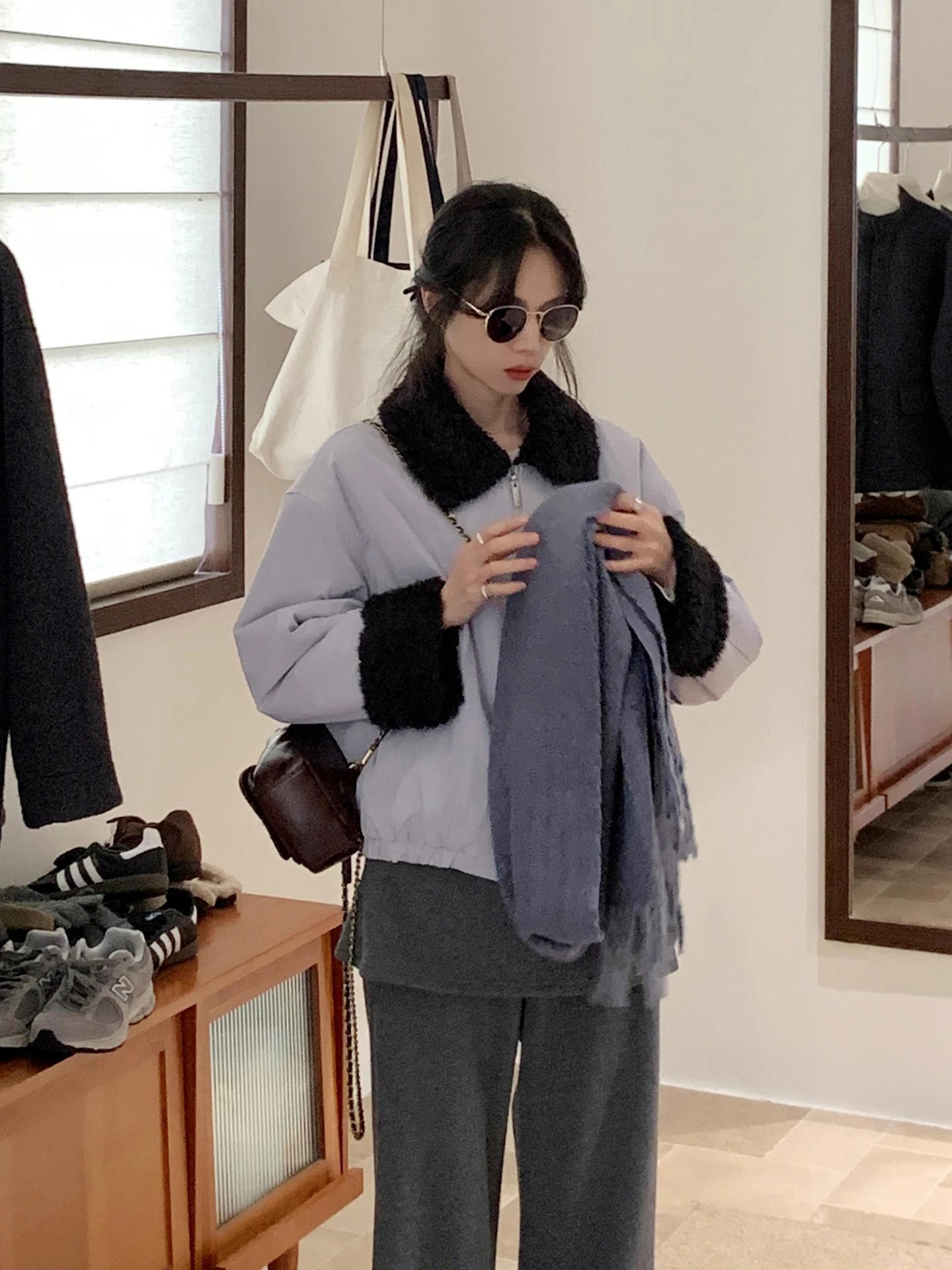 

YNVN Korean Sle Gentle P Purple Leather Fur Inteated ort Jaet Women's Loose All-Match Autumn Winter Outerwear