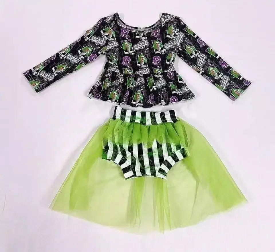 Beach Suits Halloween Pumpkin Floral Ruffle Long Sleeve With Organza Skirt Girls Dresses Festival two-piece sets