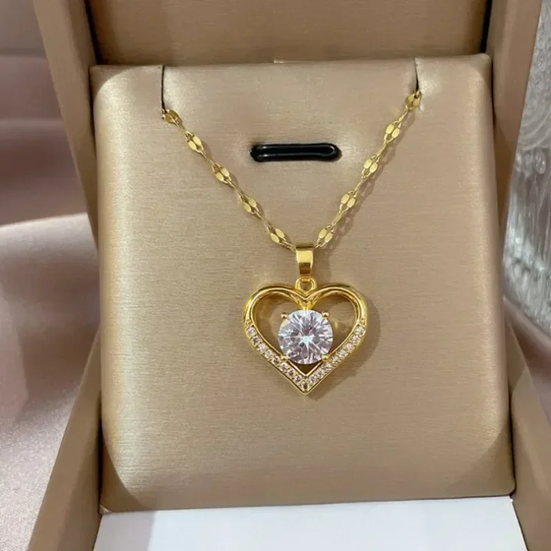 New Design Shiny Zircon Necklace Choker for Women Stainless Steel Chain Heart Shaped Cross Flower Pendant Fashion Jewelry Gift